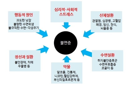 불면증 원인(행동적원인/스트레스/신체질환/수면질환/약물/정신과질환)