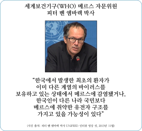 “한국에서 발생한 최초의 환자가 이미 다른 계열의 바이러스를 보유하고 있는 상태에서 메르스에 감염됐거나, 한국인이 다른 나라 국민보다 메르스에 취약한 유전자 구조를 가지고 있을 가능성이 있다”