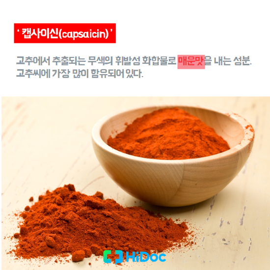 캡사이신 - 고추에서 추출되는 무색의 휘발성 화합물로 매운맛을 내는 성분