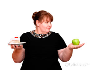 한손에케이크와다른한손에사과를들고있는비만여성
