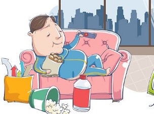 소파에 누워 간식을 먹는 모습 삽화