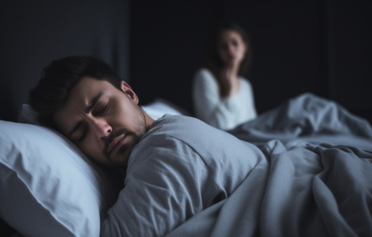 코골이는 수면의 질을 저하하고 호흡 장애를 일으키는 것은 물론, 함께 자는 사람에게도 불편함을 준다ㅣ출처: 미드저니