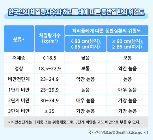 한국인의 체질량지수와 허리둘레에 따른 동반질환의 위험도ㅣ출처: 질병관리청